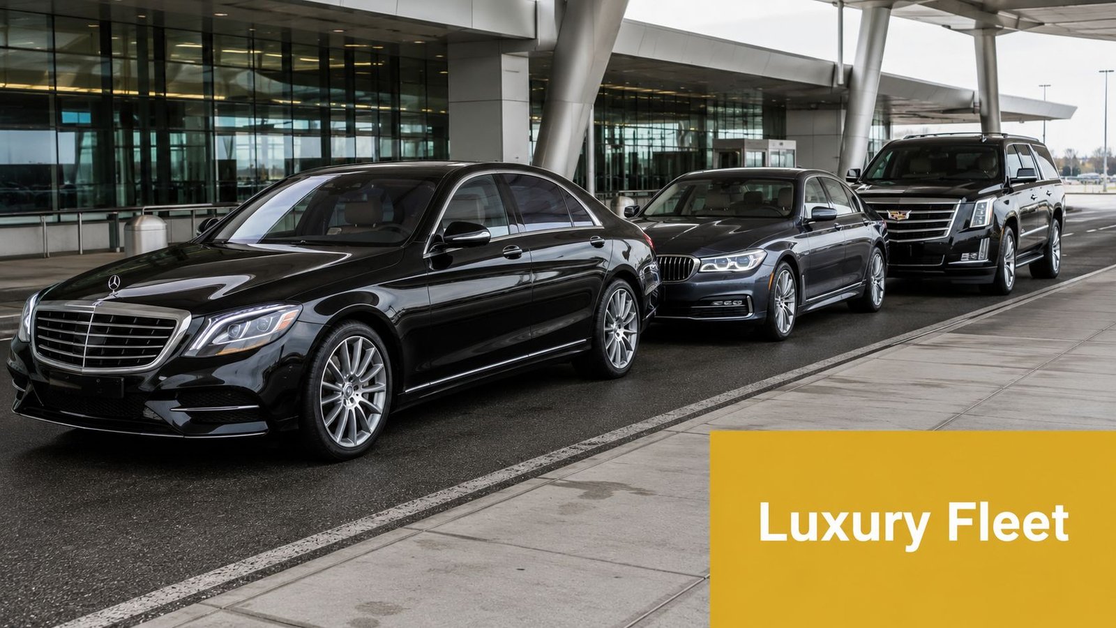 A row of black luxury chauffeur cars parked at a modern airport terminal arrival area.