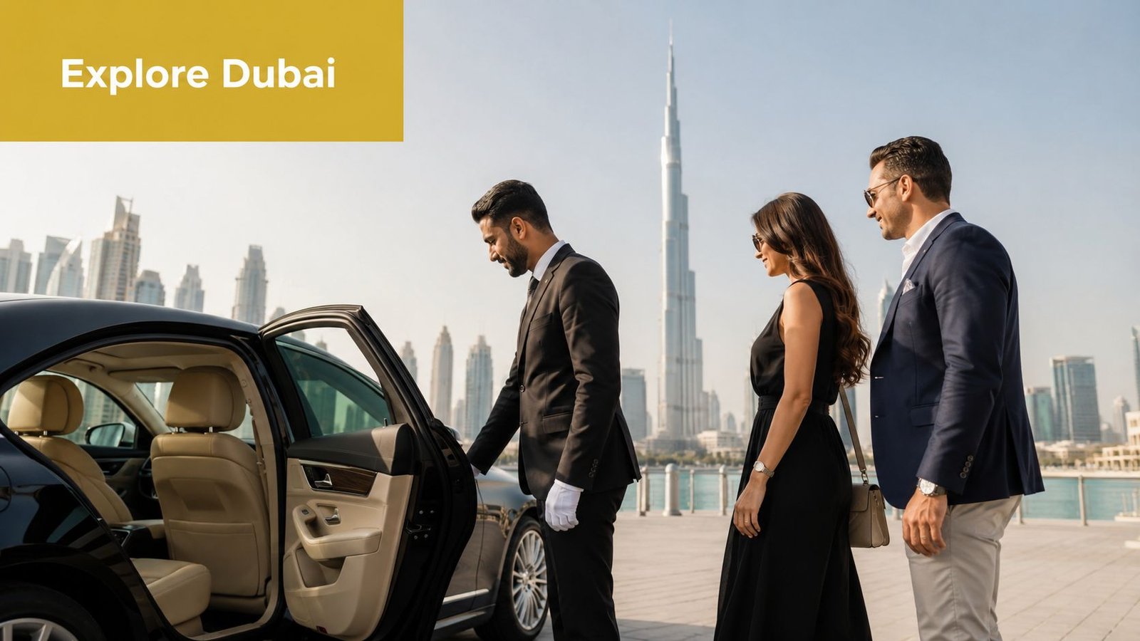 A professional chauffeur opens the car door for a elegant couple in front of the Burj Khalifa.