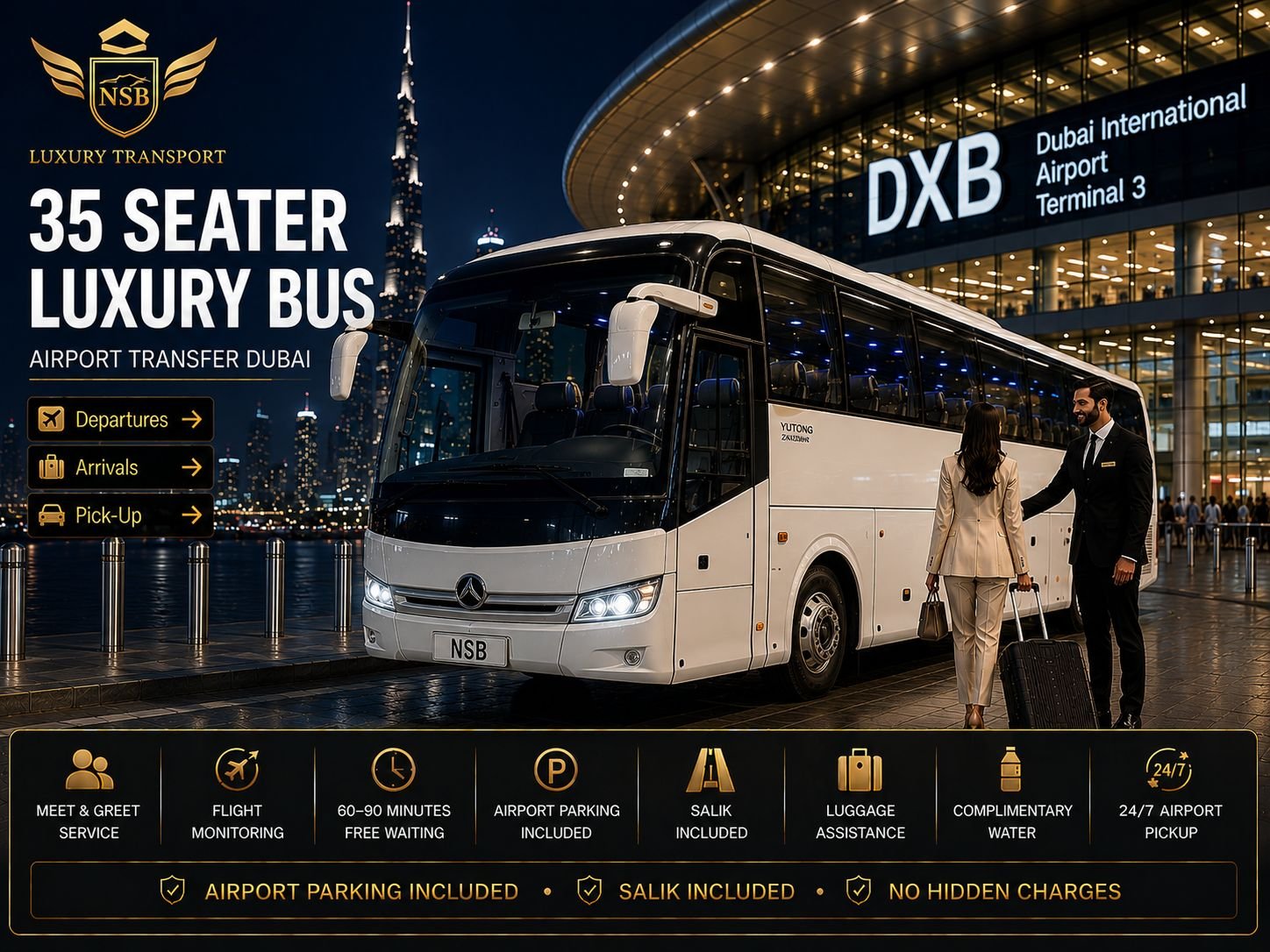 35 Seater luxury airport transfer bus at Dubai International Airport Terminal 3 with a professional chauffeur welcoming passengers, provided by NSB Luxury Transport.