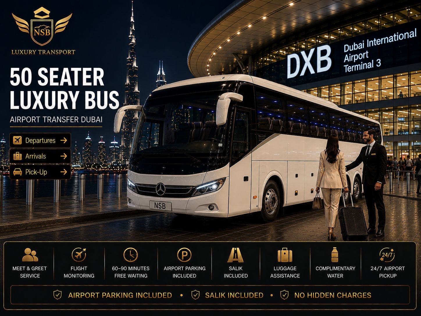 50 Seater luxury airport transfer bus at Dubai International Airport Terminal 3 with a professional chauffeur welcoming passengers, provided by NSB Luxury Transport.