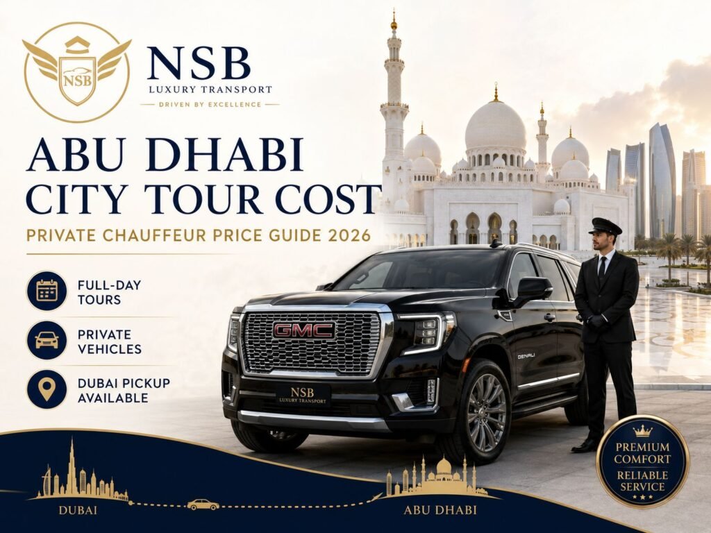Abu Dhabi city tour cost from Dubai with private chauffeur, GMC Yukon, full-day tour, and Dubai pickup