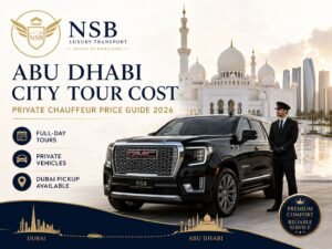 Abu Dhabi city tour cost from Dubai with private chauffeur, GMC Yukon, full-day tour, and Dubai pickup
