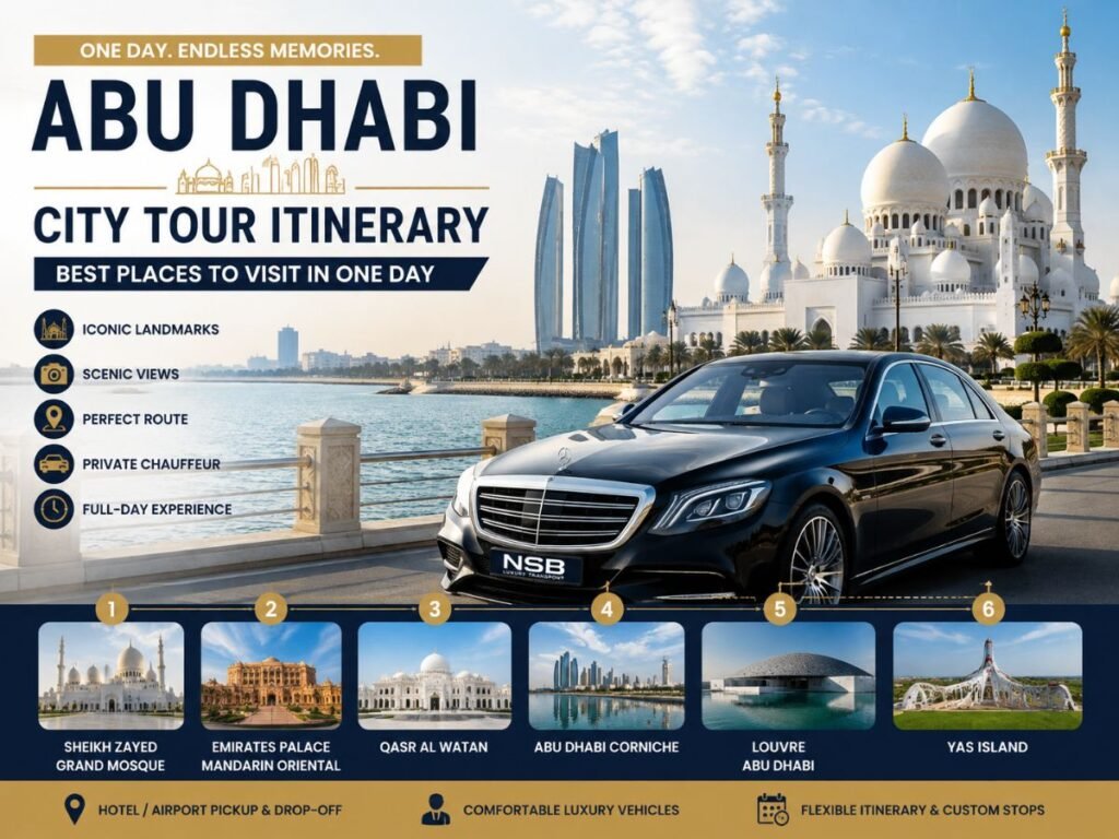 Abu Dhabi city tour itinerary featuring Sheikh Zayed Grand Mosque, Emirates Palace, Qasr Al Watan, Abu Dhabi Corniche, Louvre Abu Dhabi, Yas Island and a luxury chauffeur-driven Mercedes-Benz