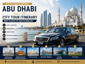 Abu Dhabi city tour itinerary featuring Sheikh Zayed Grand Mosque, Emirates Palace, Qasr Al Watan, Abu Dhabi Corniche, Louvre Abu Dhabi, Yas Island and a luxury chauffeur-driven Mercedes-Benz