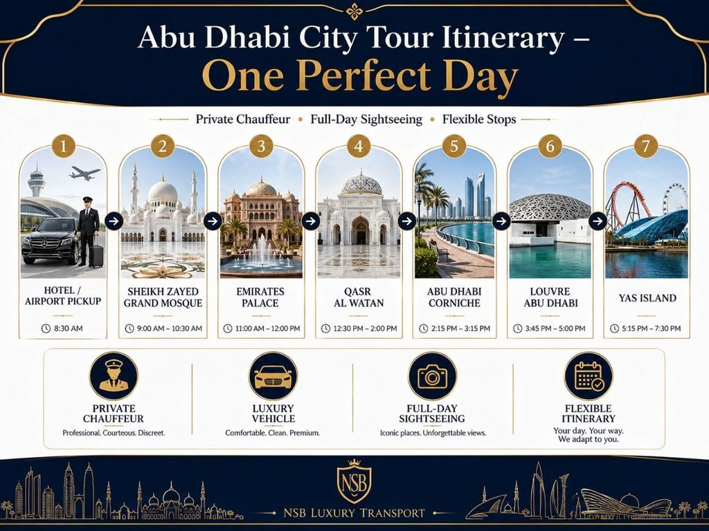 Abu Dhabi city tour itinerary infographic showing Sheikh Zayed Grand Mosque, Emirates Palace, Qasr Al Watan, Corniche, Louvre Abu Dhabi and Yas Island