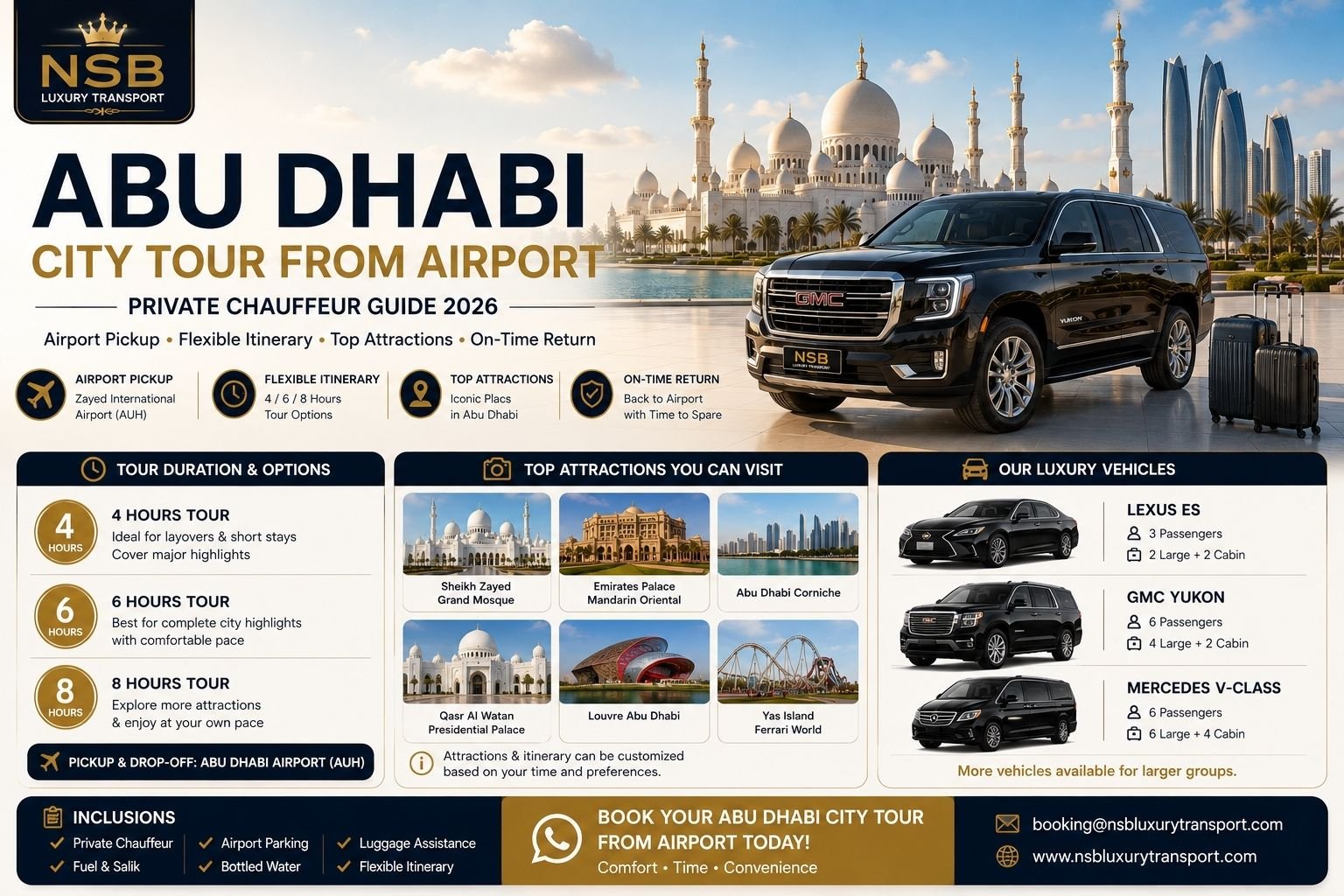 Abu Dhabi City Tour from Airport guide with GMC Yukon, airport pickup, 4-hour, 6-hour and 8-hour tour options, and top Abu Dhabi attractions