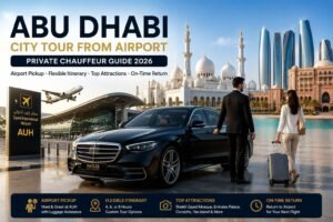 Abu Dhabi City Tour from Airport with private chauffeur, luxury car, airport pickup, luggage assistance, and Sheikh Zayed Grand Mosque