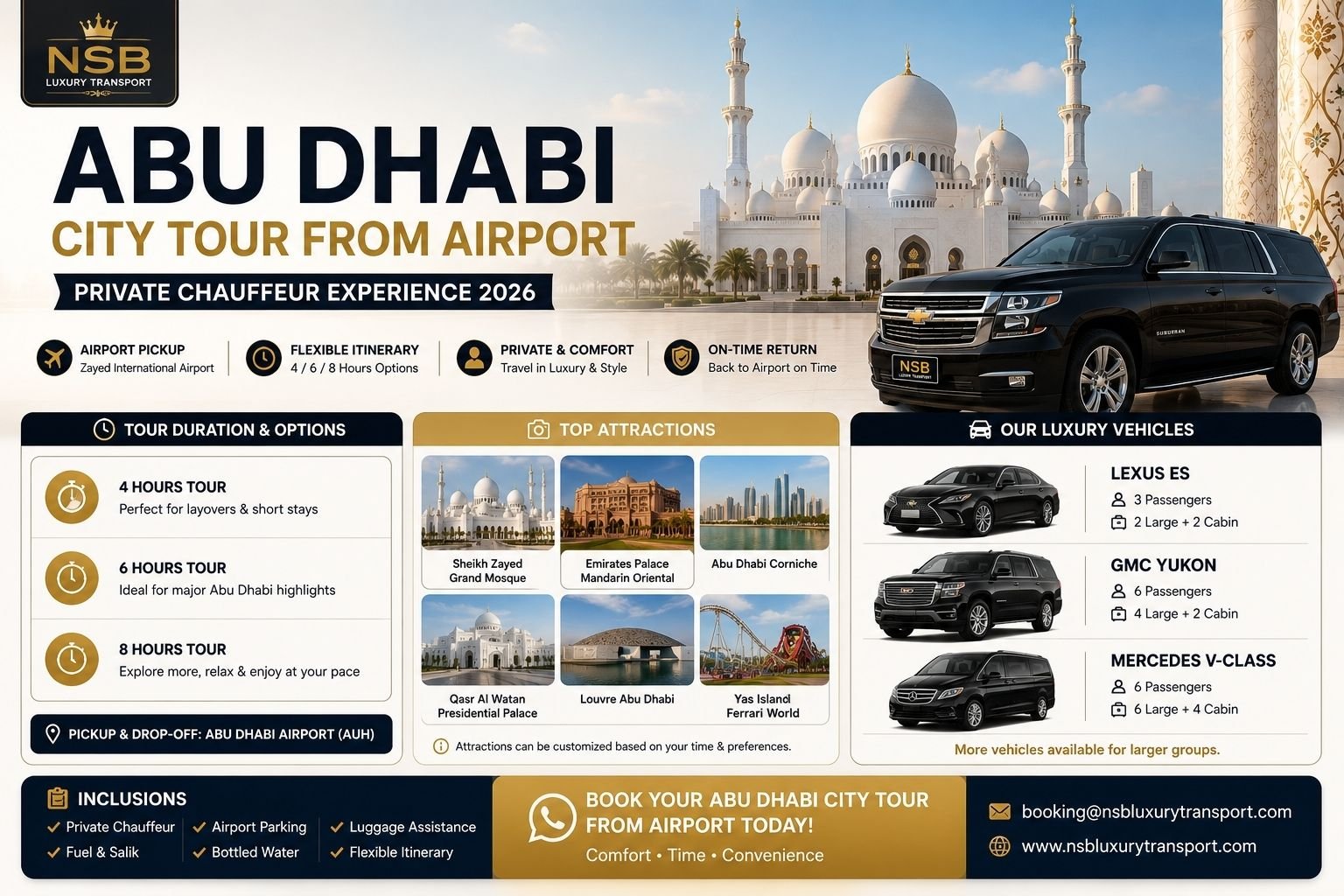 Abu Dhabi City Tour from Airport infographic showing 4-hour, 6-hour, and 8-hour tour options, attractions, vehicle choices, and inclusions
