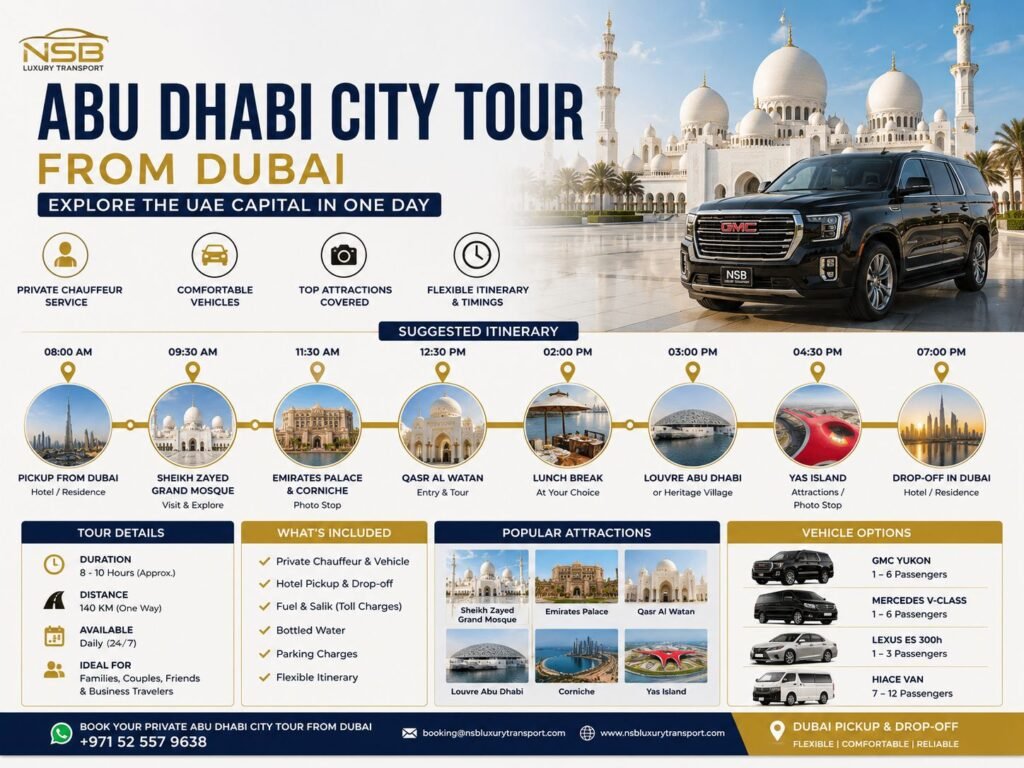 Abu Dhabi city tour from Dubai infographic showing a private chauffeur route, major attractions, tour details, and vehicle options