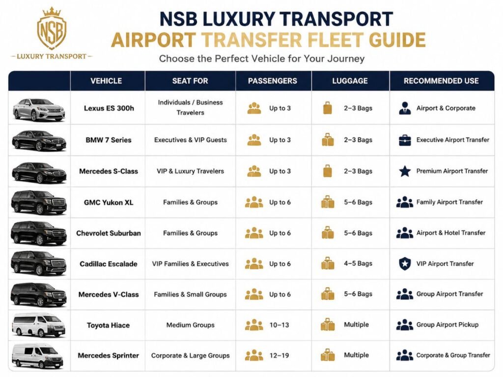 Airport transfer Dubai fleet with luxury sedans, SUVs, V-Class and group vehicles
