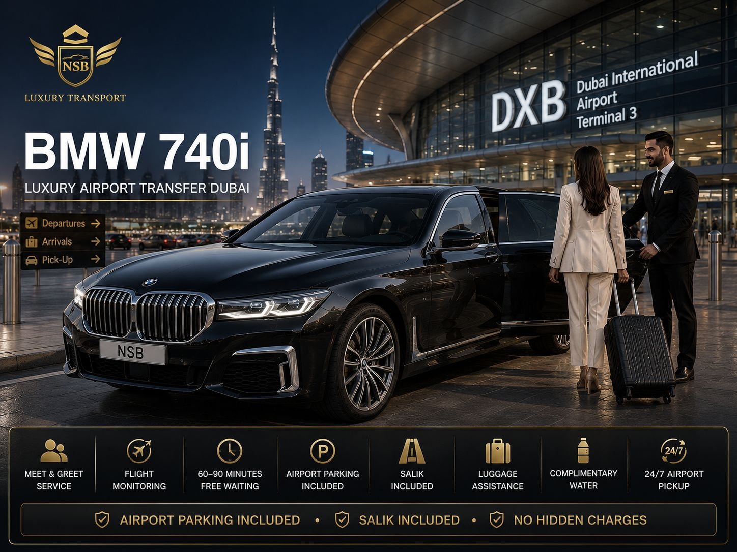 BMW 740i luxury airport transfer at Dubai International Airport Terminal 3 with a professional chauffeur welcoming passengers, provided by NSB Luxury Transport.