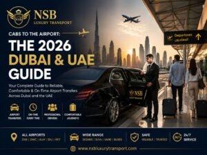 Cabs to the airport in Dubai featuring a luxury chauffeur-driven Mercedes-Benz at Dubai International Airport with passengers, airport terminal, and Dubai skyline – NSB Luxury Transport