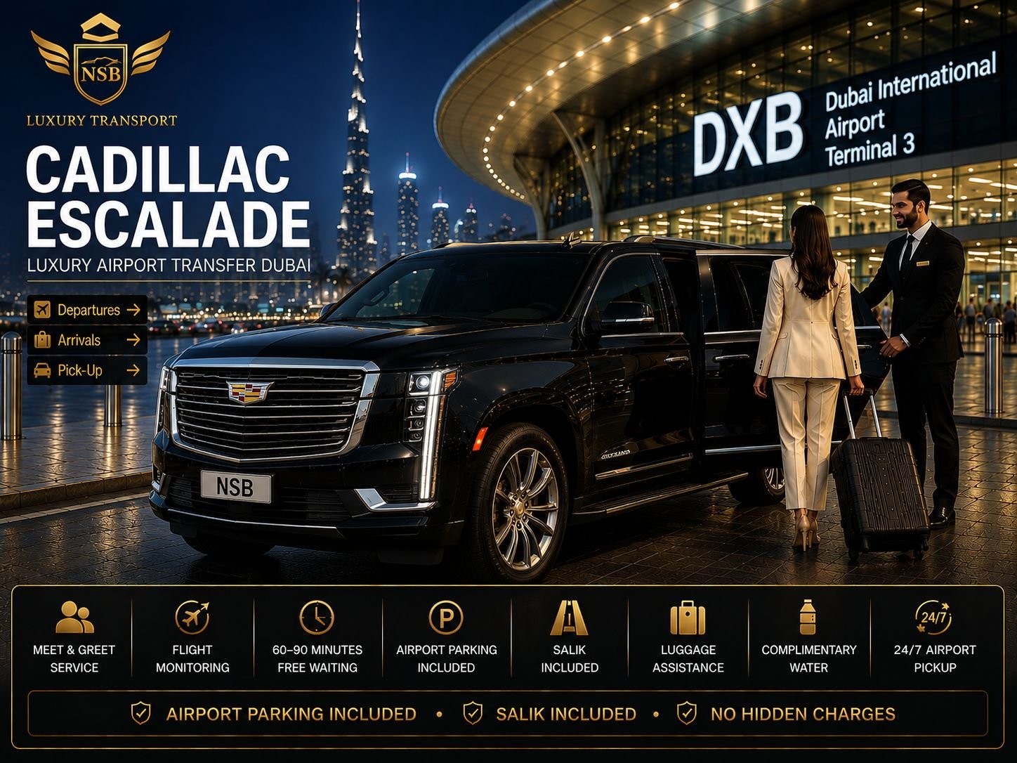 Cadillac Escalade luxury airport transfer at Dubai International Airport Terminal 3 with a professional chauffeur assisting arriving passengers, provided by NSB Luxury Transport.
