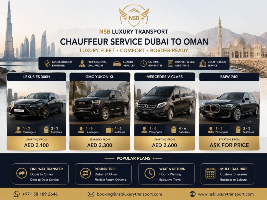 Chauffeur service Dubai to Oman fleet showing Lexus ES 300h, GMC Yukon XL, Mercedes V-Class and BMW 740i with passenger capacity and starting prices.