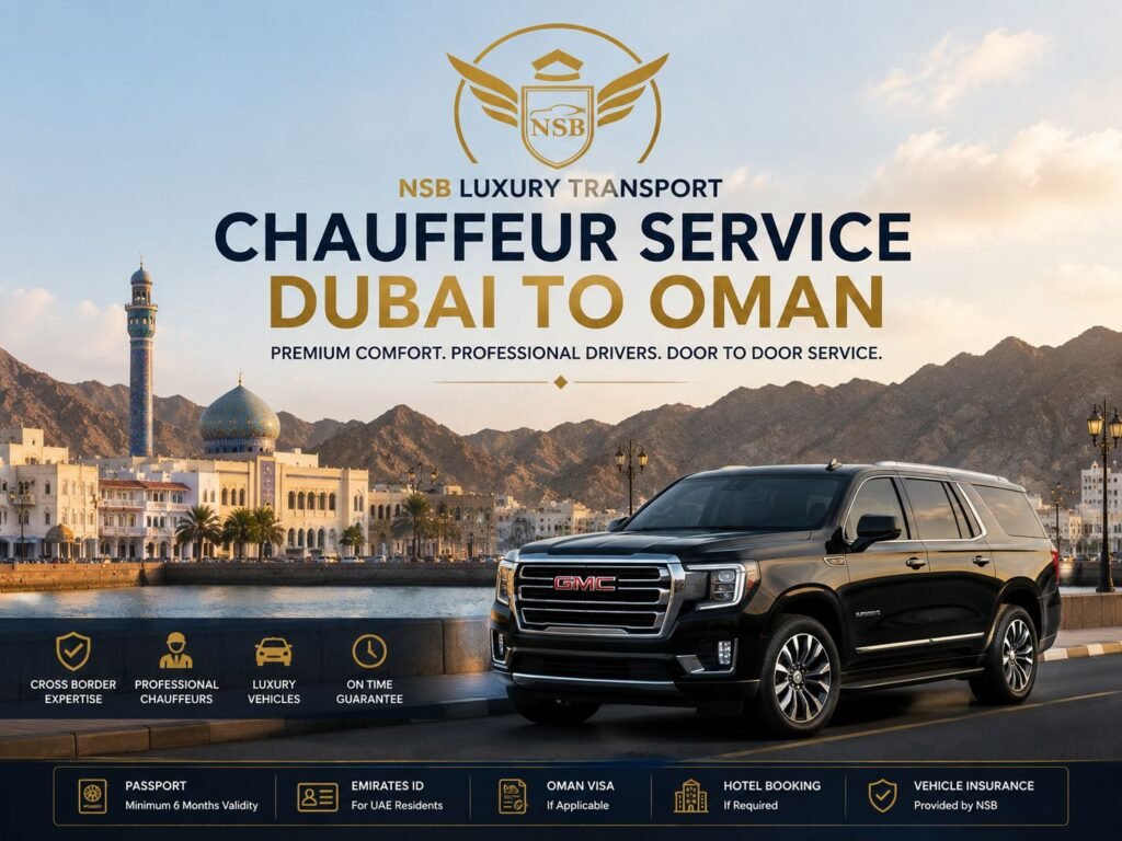 Luxury GMC Yukon for chauffeur service Dubai to Oman with professional driver, cross-border assistance and Muscat city background.
