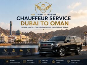 Luxury GMC Yukon for chauffeur service Dubai to Oman with professional driver, cross-border assistance and Muscat city background.