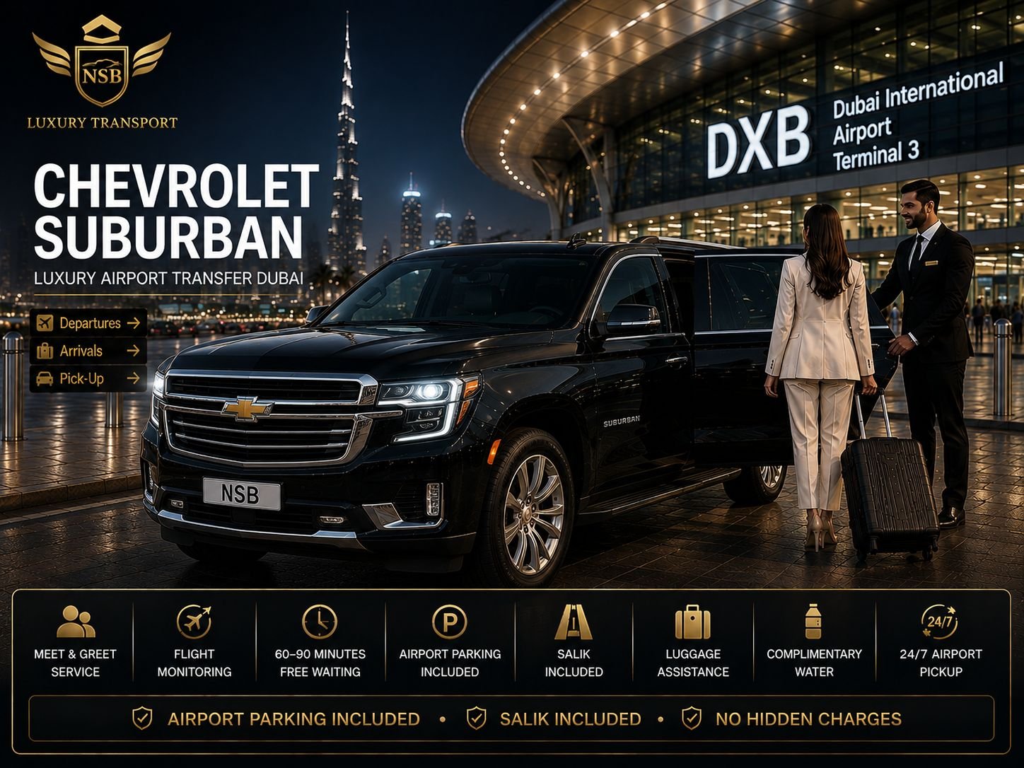 Chevrolet Suburban luxury airport transfer at Dubai International Airport Terminal 3 with a professional chauffeur welcoming passengers, provided by NSB Luxury Transport.