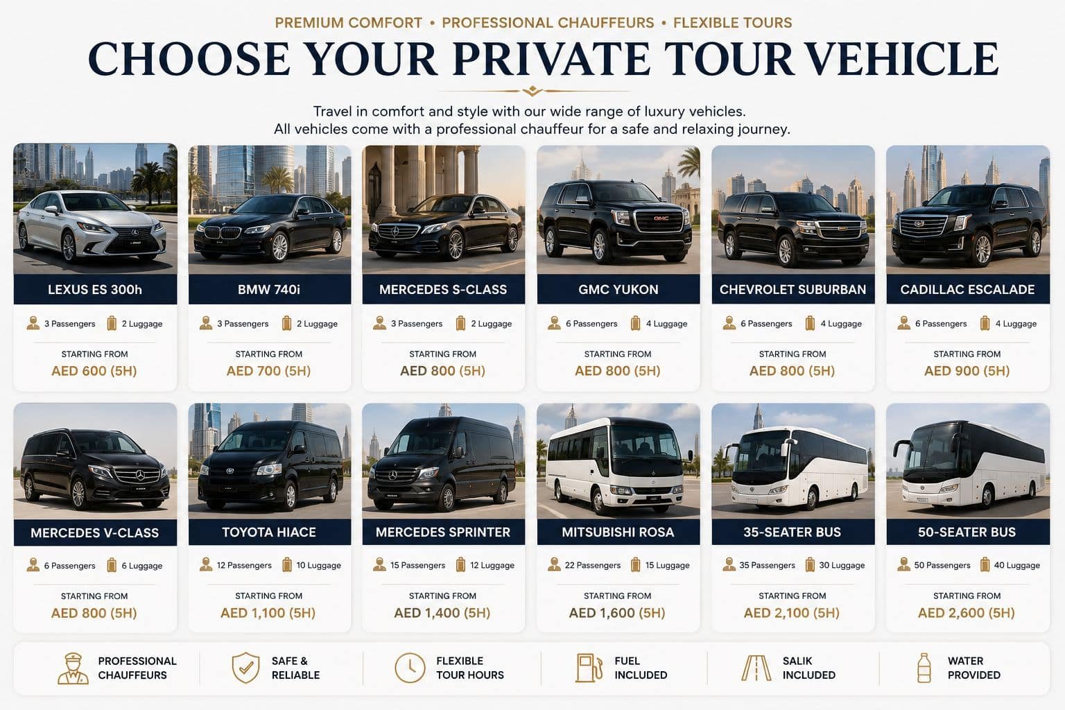 Private tour vehicles for Dubai and Abu Dhabi city tours including Lexus, BMW, Mercedes, GMC Yukon, V-Class, Hiace, Sprinter and buses