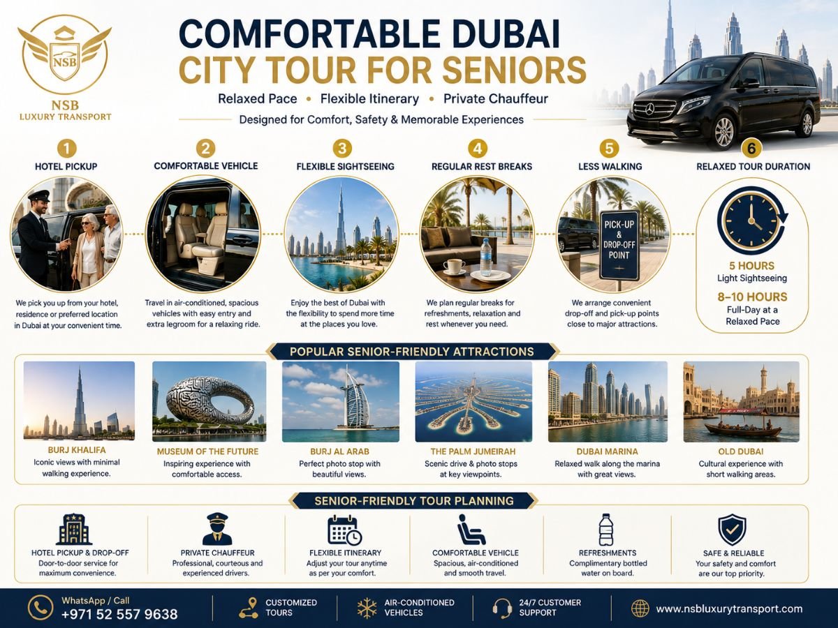 Dubai city tour for seniors infographic with comfortable vehicles, flexible stops and senior-friendly attractions