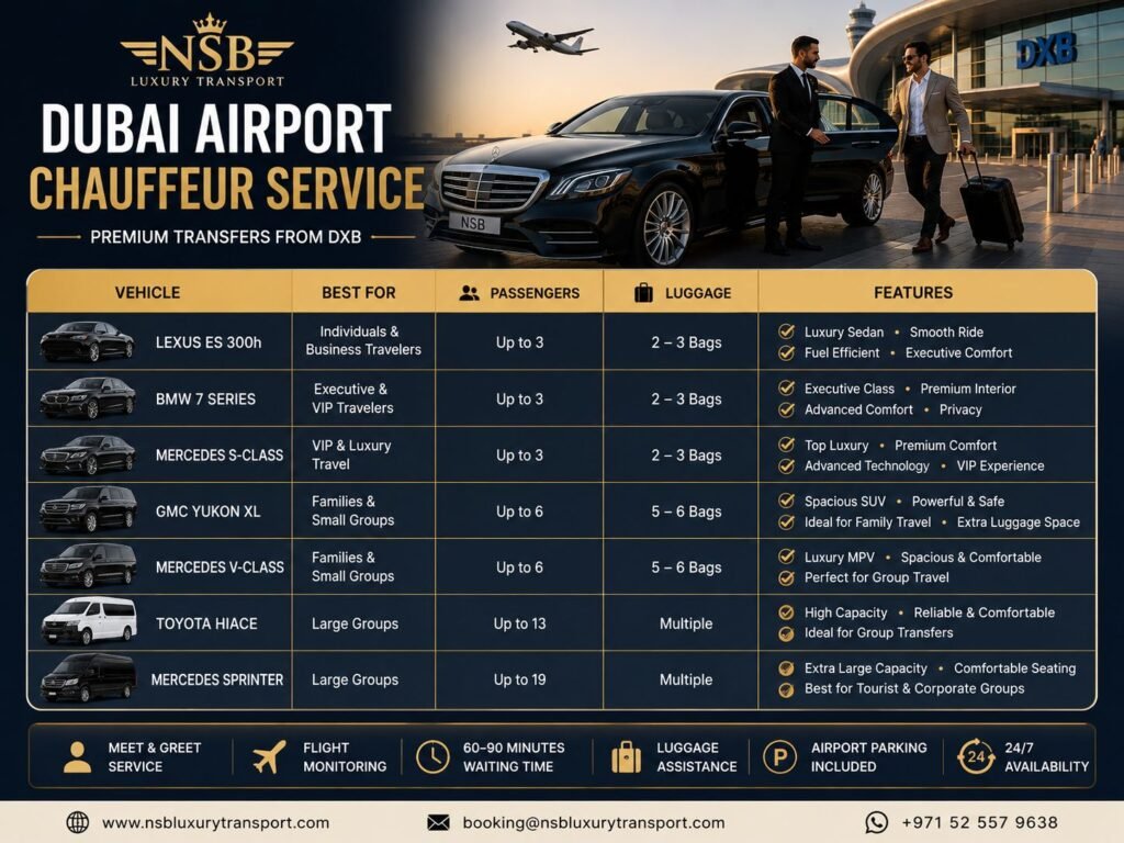 Dubai airport chauffeur service vehicle comparison for luxury DXB transfers