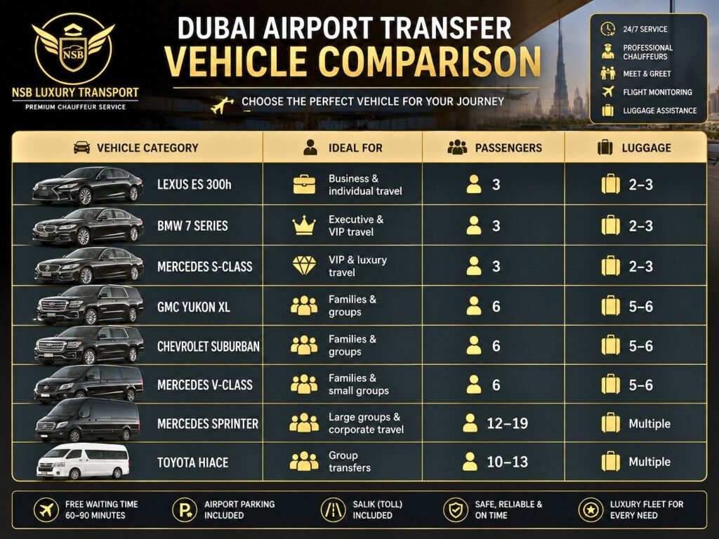 Dubai airport transfer vehicle comparison for luxury chauffeur service