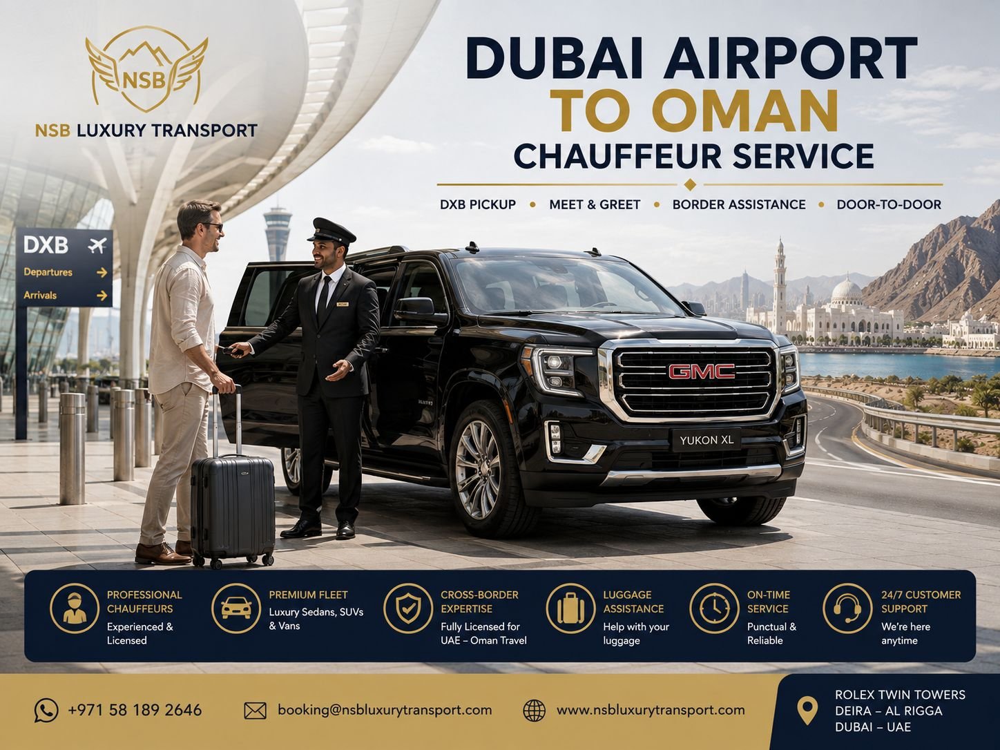 Dubai Airport to Oman chauffeur service with professional driver, GMC Yukon XL, luggage assistance and private cross-border transfer