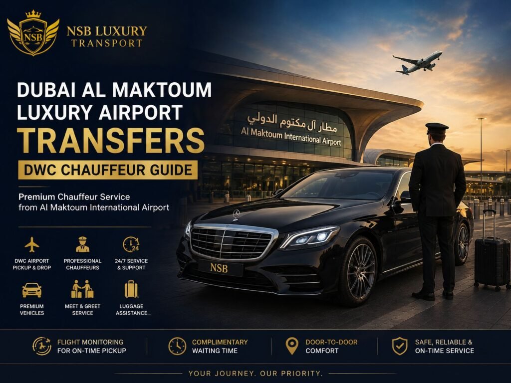 Dubai Al Maktoum luxury airport transfers with private DWC chauffeur service