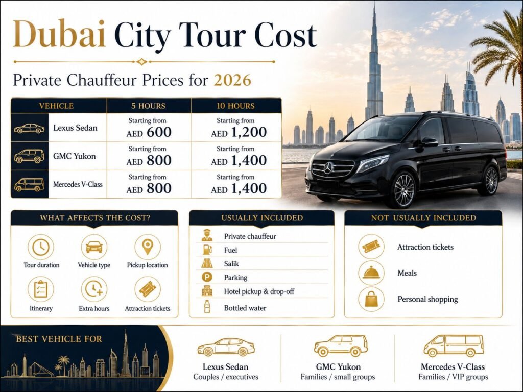 Dubai city tour cost infographic with 5-hour and 10-hour private chauffeur prices for Lexus, GMC Yukon, and Mercedes V-Class
