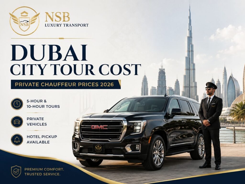 Dubai city tour cost with private chauffeur, GMC Yukon, hotel pickup, and 5-hour or 10-hour tour options