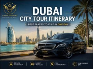 Dubai city tour itinerary featuring Burj Khalifa, Burj Al Arab, Dubai skyline and a luxury chauffeur-driven Mercedes-Benz for a one-day private sightseeing tour