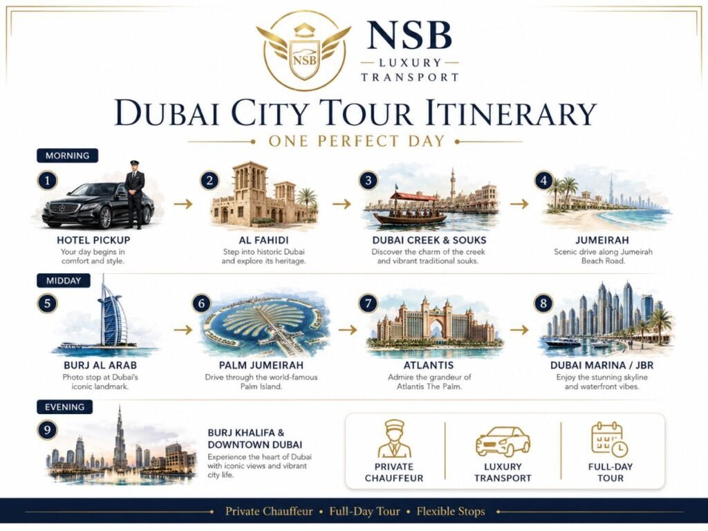 Dubai city tour itinerary infographic showing a one-day sightseeing route from hotel pickup to Al Fahidi, Dubai Creek, Jumeirah, Burj Al Arab, Palm Jumeirah, Atlantis, Dubai Marina and Burj Khalifa