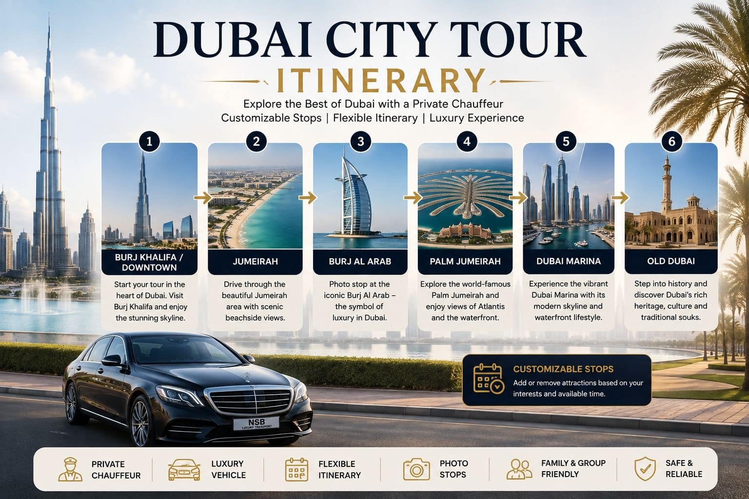 Dubai City Tour itinerary covering Burj Khalifa, Jumeirah, Burj Al Arab, Palm Jumeirah, Dubai Marina and Old Dubai