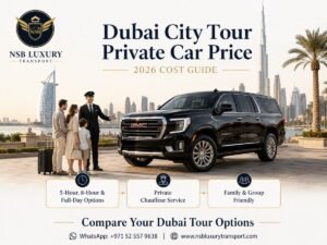 Dubai City Tour Private Car Price hero image with a luxury private car, professional chauffeur, and Dubai sightseeing background.