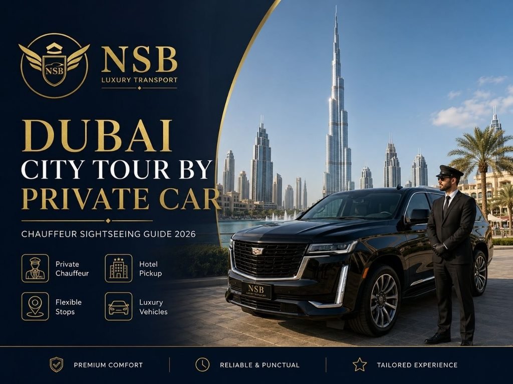 Dubai City Tour by Private Car with chauffeur, luxury SUV, hotel pickup, flexible stops, and Burj Khalifa skyline