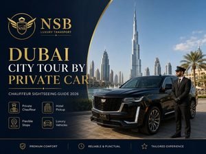 Dubai City Tour by Private Car with chauffeur, luxury SUV, hotel pickup, flexible stops, and Burj Khalifa skyline