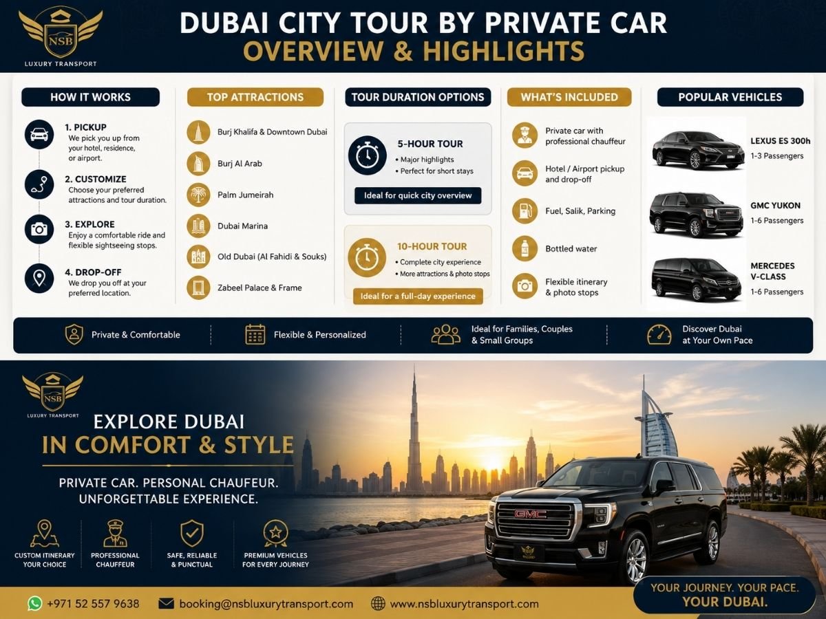 Dubai City Tour by Private Car overview showing chauffeur service, premium vehicles, flexible routes, major Dubai landmarks, and sightseeing highlights