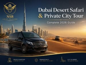 Dubai Desert Safari and City Tour with private chauffeur, luxury vehicle, Burj Khalifa skyline, desert dunes, and safari experience