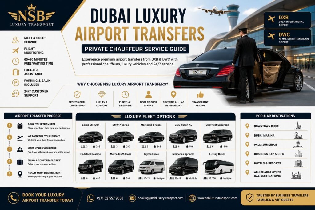 Dubai luxury airport transfers infographic with DXB and DWC chauffeur service and luxury vehicle options