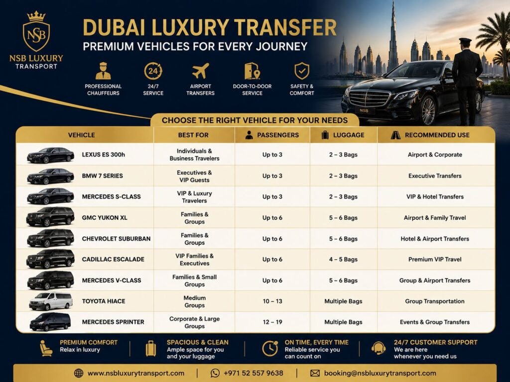 Dubai luxury transfer vehicle guide comparing premium chauffeur cars, SUVs and group vehicles