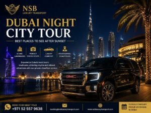 Dubai Night City Tour with private chauffeur, GMC Yukon, Burj Khalifa and illuminated Dubai landmarks after sunset