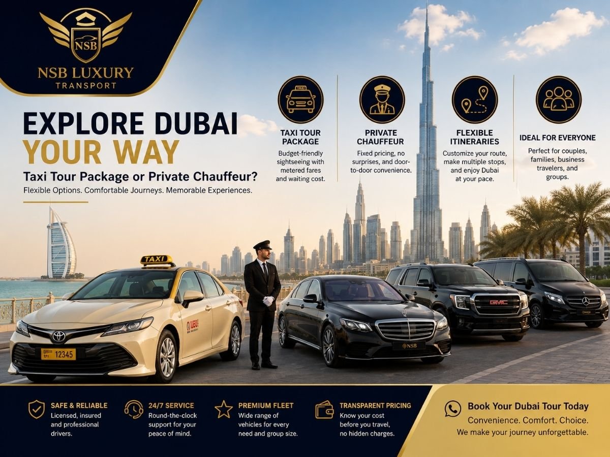 Dubai Taxi Tour Package comparison with private chauffeur service, luxury vehicles, flexible itineraries, and Dubai skyline