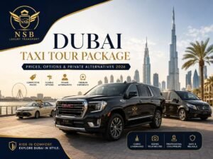 Dubai Taxi Tour Package with taxi, private chauffeur vehicles, Burj Khalifa skyline, and sightseeing options in Dubai