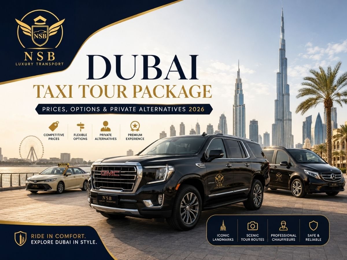Dubai Taxi Tour Package with taxi, private chauffeur vehicles, Burj Khalifa skyline, and sightseeing options in Dubai