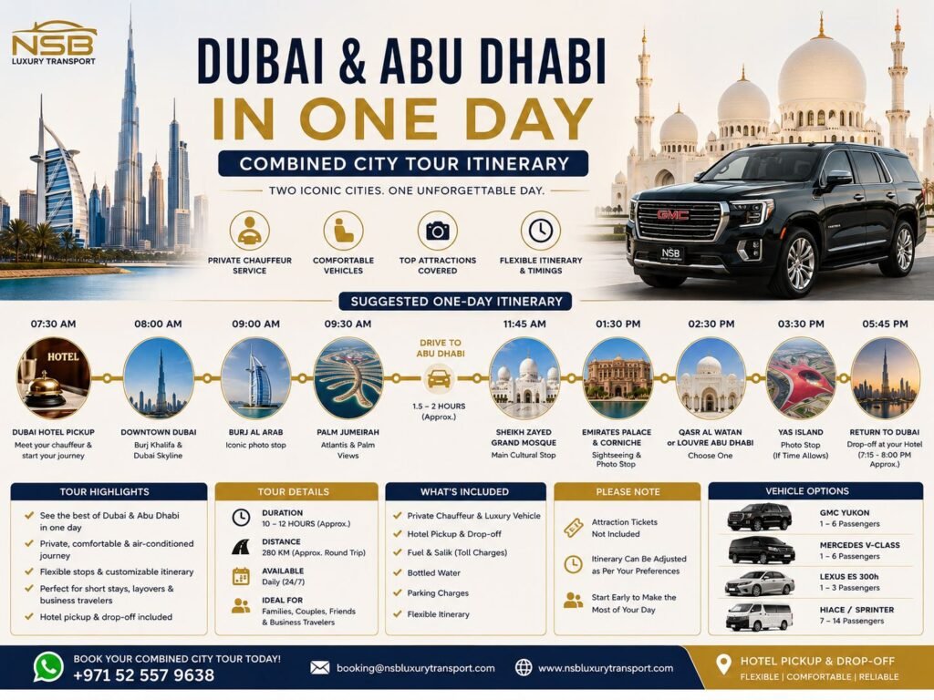 Dubai and Abu Dhabi in one day itinerary infographic showing a combined private city tour route
