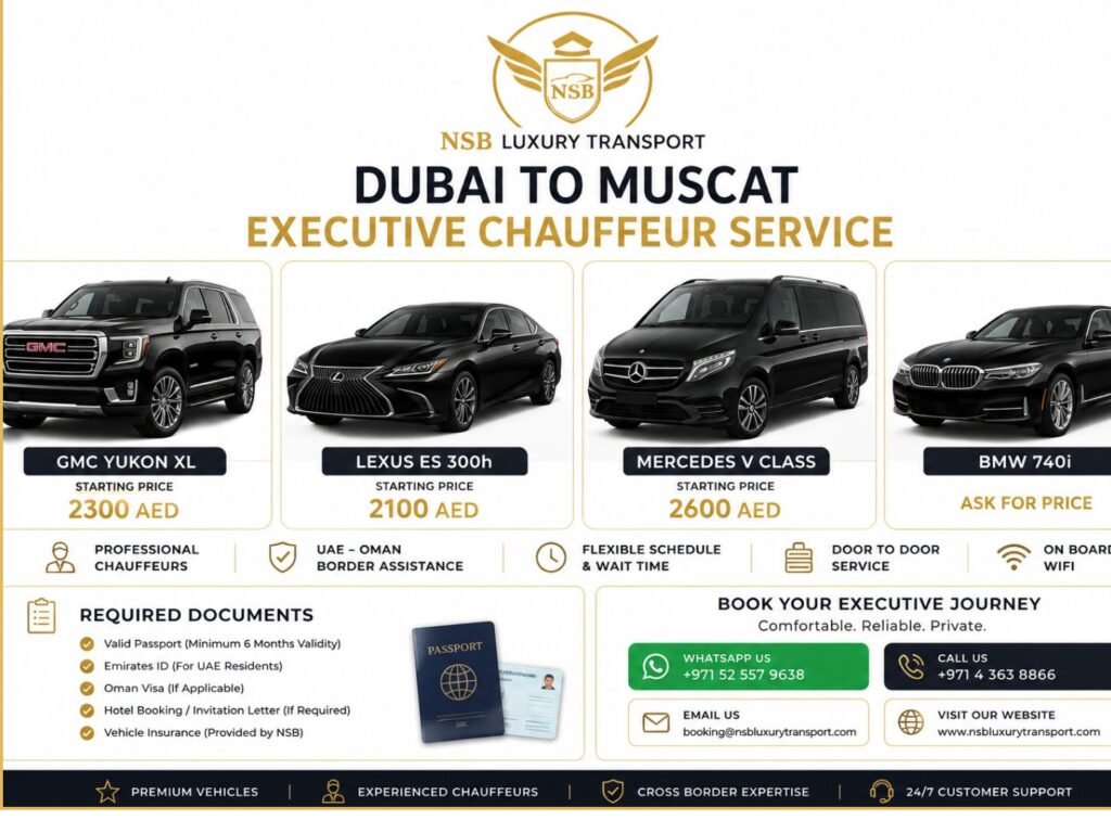 Luxury vehicle options and prices for Dubai to Muscat executive chauffeur service including GMC Yukon, Lexus ES, Mercedes V-Class and BMW 740i.