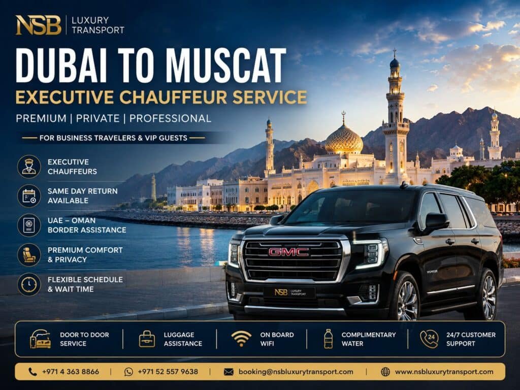 Dubai to Muscat executive chauffeur service with luxury GMC SUV for business travelers and VIP guests traveling between UAE and Oman.