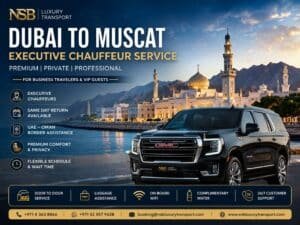 Dubai to Muscat executive chauffeur service with luxury GMC SUV for business travelers and VIP guests traveling between UAE and Oman.