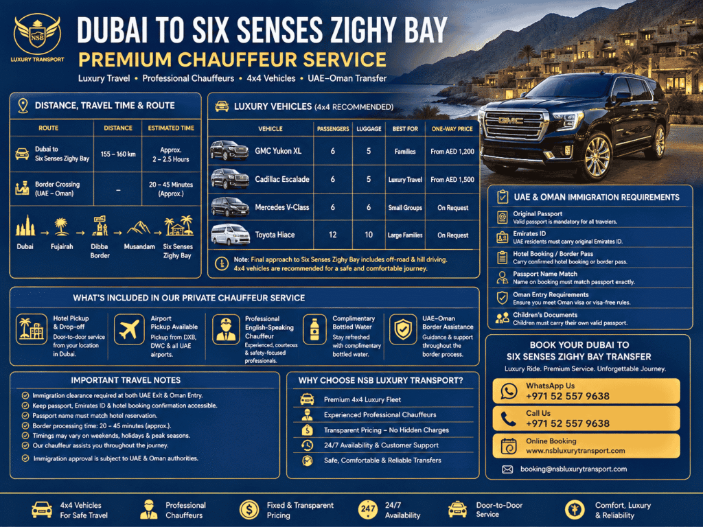 Infographic showing Dubai to Six Senses Zighy Bay chauffeur service with 4×4 luxury vehicles, travel route, distance, immigration requirements, border assistance, pricing, and private transfer services by NSB Luxury Transport.
