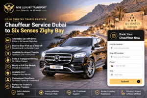 Luxury chauffeur service from Dubai to Six Senses Zighy Bay by NSB Luxury Transport featuring a premium SUV, professional chauffeur, and private Oman resort transfer.