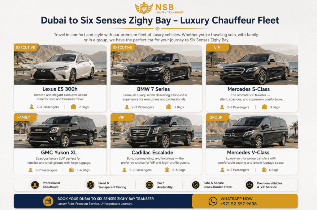 Luxury chauffeur fleet for Dubai to Six Senses Zighy Bay featuring Lexus ES 300h, BMW 7 Series, Mercedes S-Class, GMC Yukon XL, Cadillac Escalade, and Mercedes V-Class by NSB Luxury Transport.